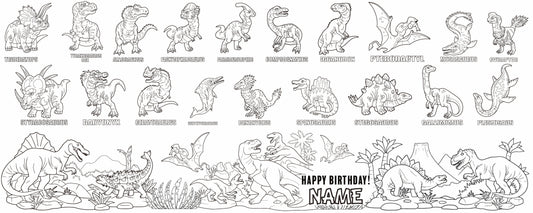 Illustrated Dino Guide coloring wall with Happy Birthday message, 60x24 inches