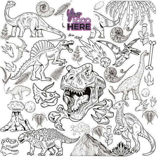 Dinosaur World coloring wall with custom logo placement, 48x48 inches