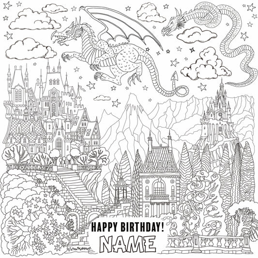 Dragons and Castles coloring wall with Happy Birthday message, 48x48 inches