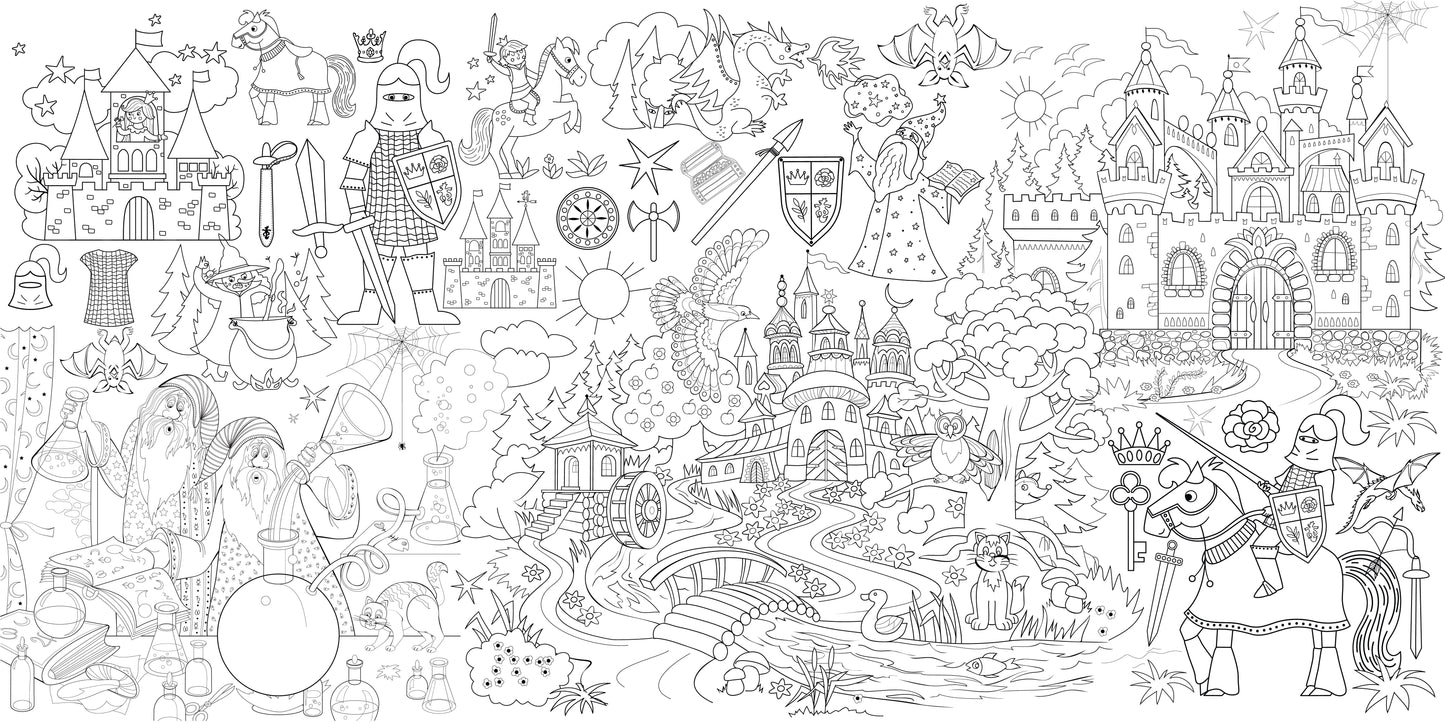 Wizards, Warriors and Wonderland giant coloring wall mural, 48x96 inches, fantasy line art for kids birthday parties