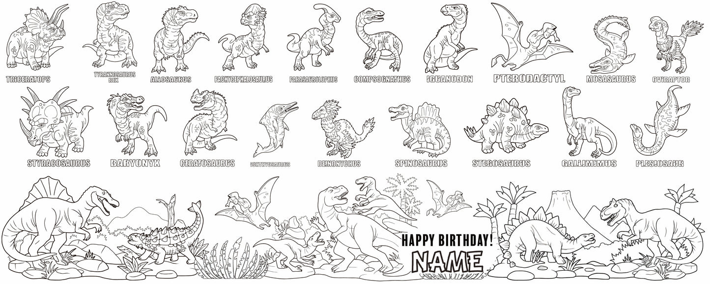 Illustrated Dino Guide coloring wall with Happy Birthday message, 60x24 inches