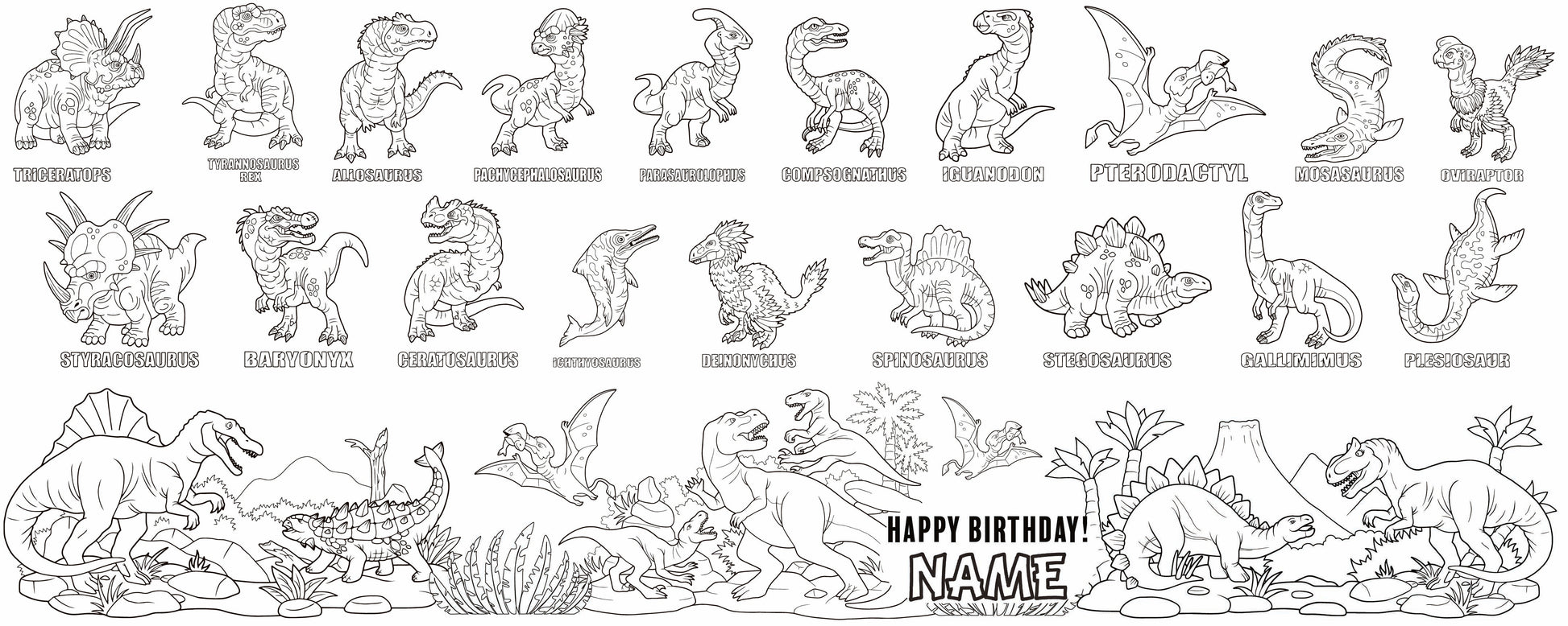 Illustrated Dino Guide coloring wall with Happy Birthday message, 60x24 inches