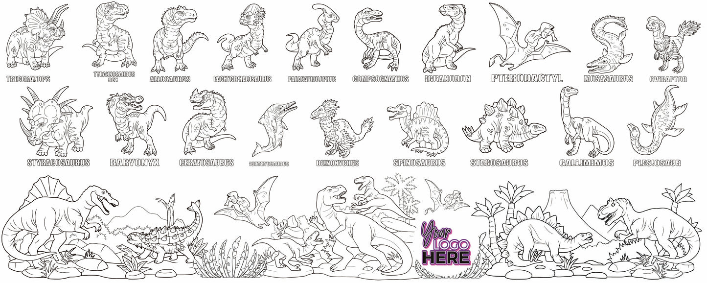 Illustrated Dino Guide coloring wall with custom logo placement, 60x24 inches