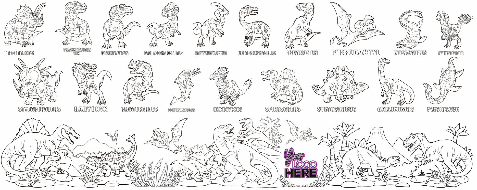 Illustrated Dino Guide coloring wall with custom logo placement, 60x24 inches