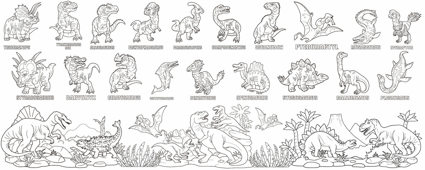 Illustrated Dino Guide giant coloring wall mural, 60x24 inches, labeled dinosaur species line art for classroom activities