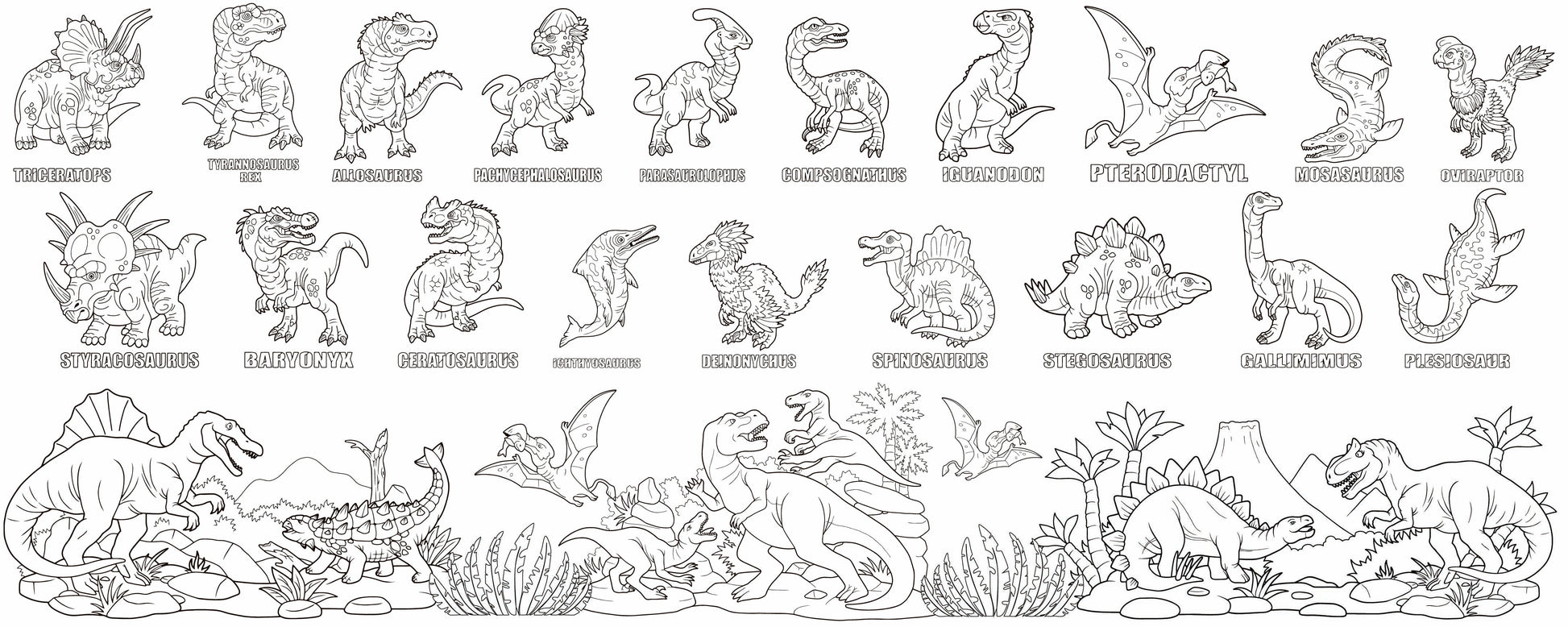 Illustrated Dino Guide giant coloring wall mural, 60x24 inches, labeled dinosaur species line art for classroom activities