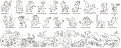 Illustrated Dino Guide giant coloring wall mural, 60x24 inches, labeled dinosaur species line art for classroom activities