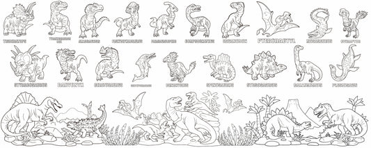Illustrated Dino Guide giant coloring wall mural, 60x24 inches, labeled dinosaur species line art for classroom activities