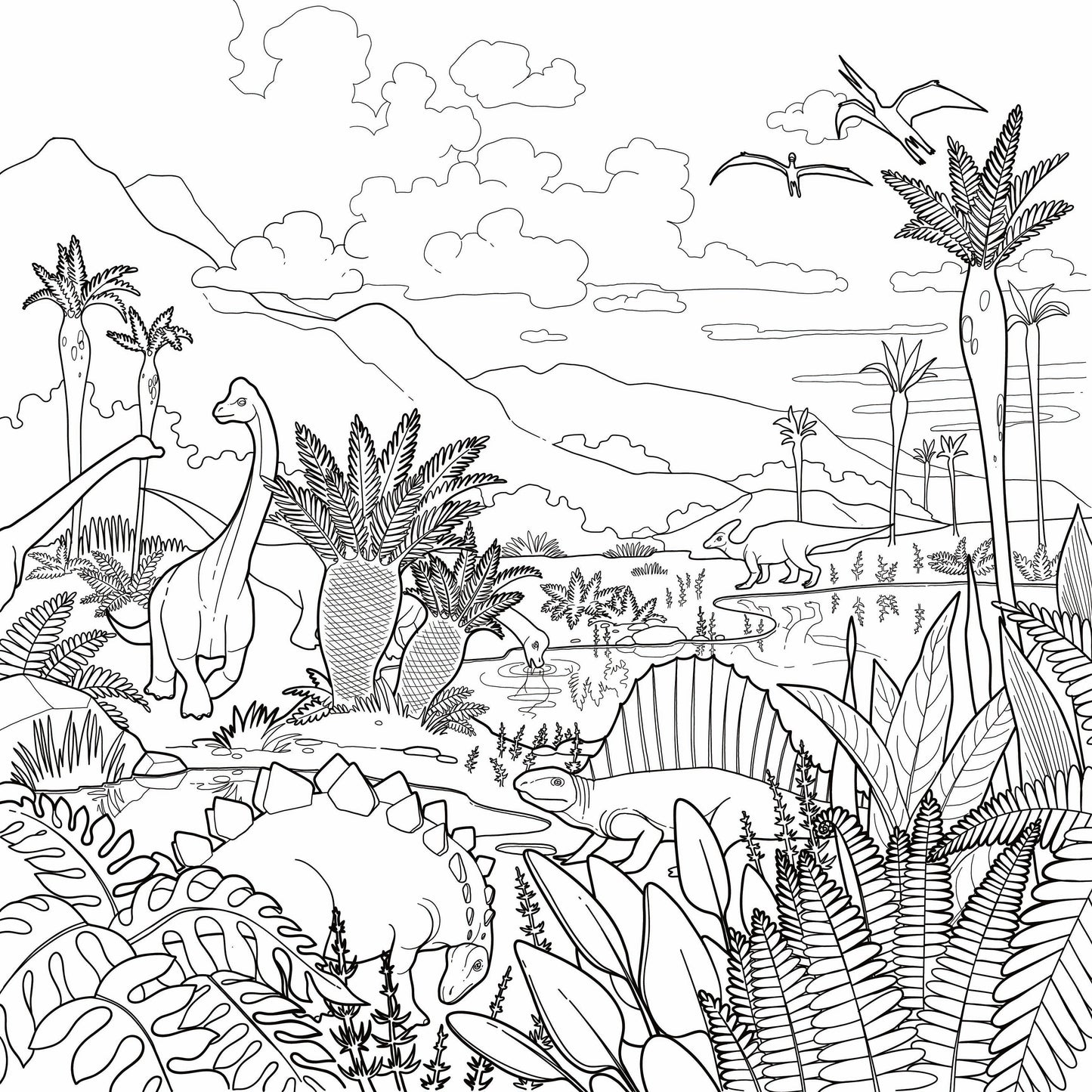 Lush Dino Landscape giant coloring wall mural, 48x48 inches, layered prehistoric scene line art for kids birthday parties