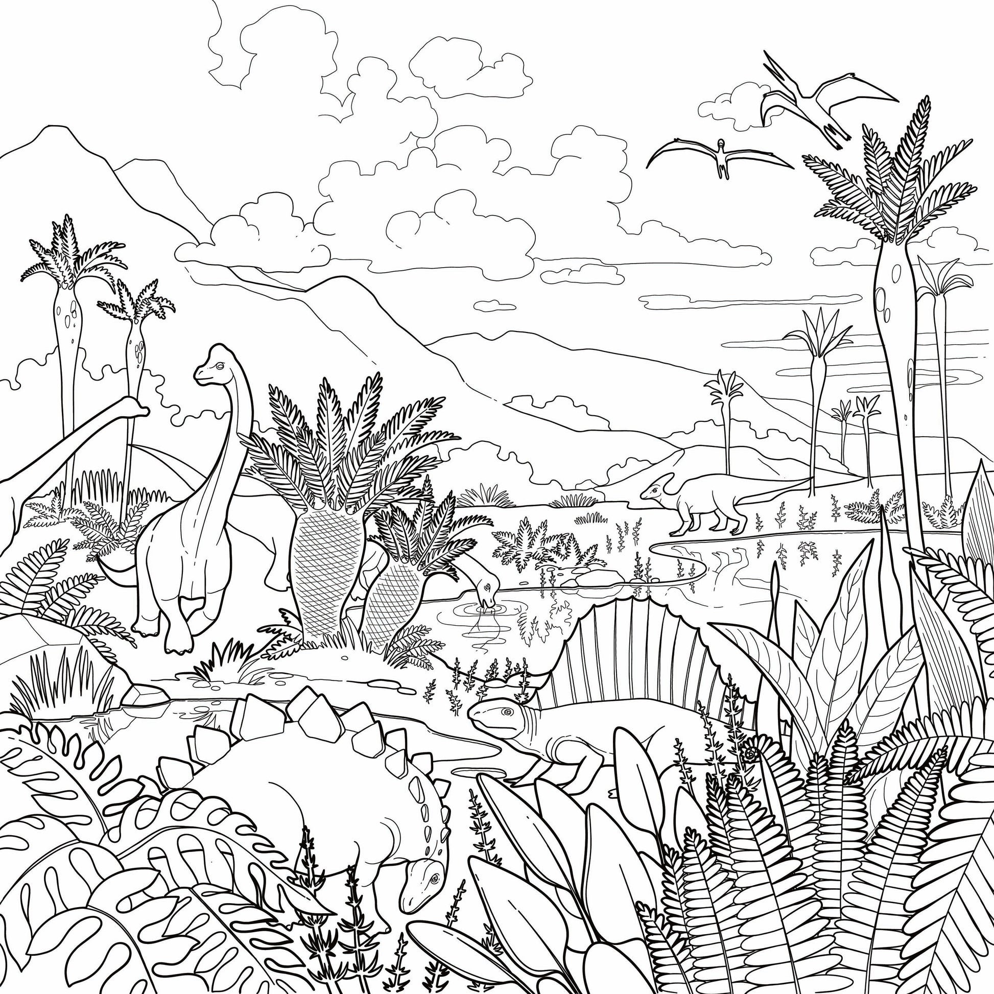 Lush Dino Landscape giant coloring wall mural, 48x48 inches, layered prehistoric scene line art for kids birthday parties