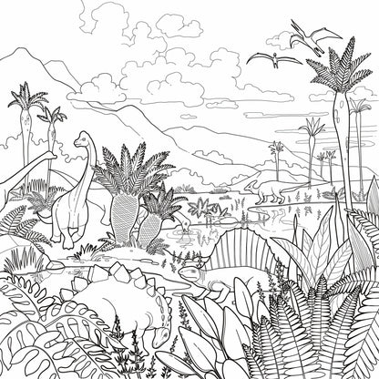 Lush Dino Landscape giant coloring wall mural, 48x48 inches, layered prehistoric scene line art for kids birthday parties