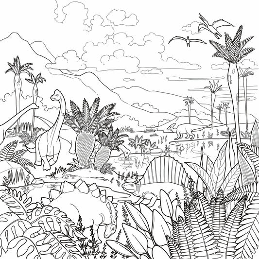 Lush Dino Landscape giant coloring wall mural, 48x48 inches, layered prehistoric scene line art for kids birthday parties