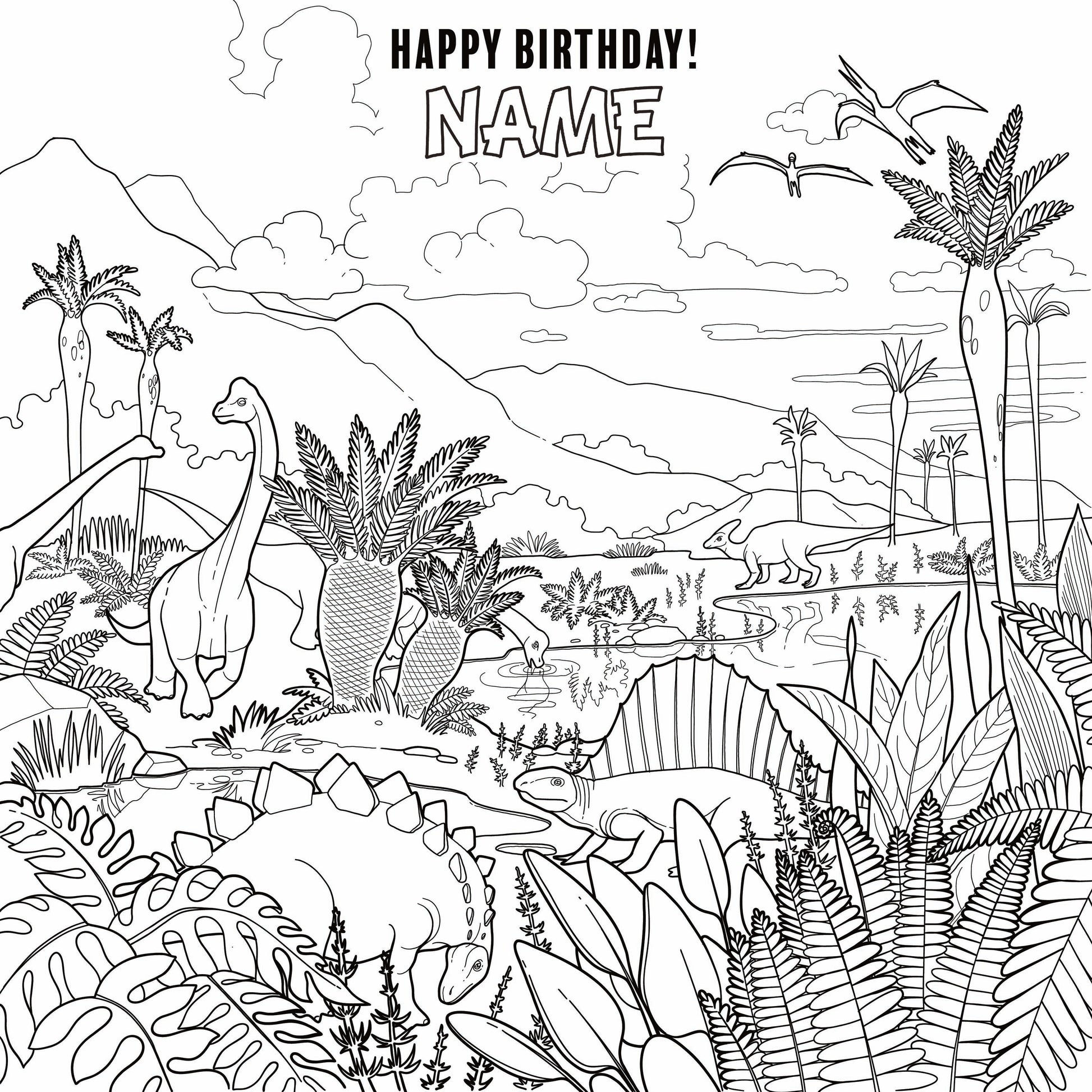 Lush Dino Landscape coloring wall with Happy Birthday message, 48x48 inches