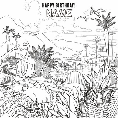 Lush Dino Landscape coloring wall with Happy Birthday message, 48x48 inches