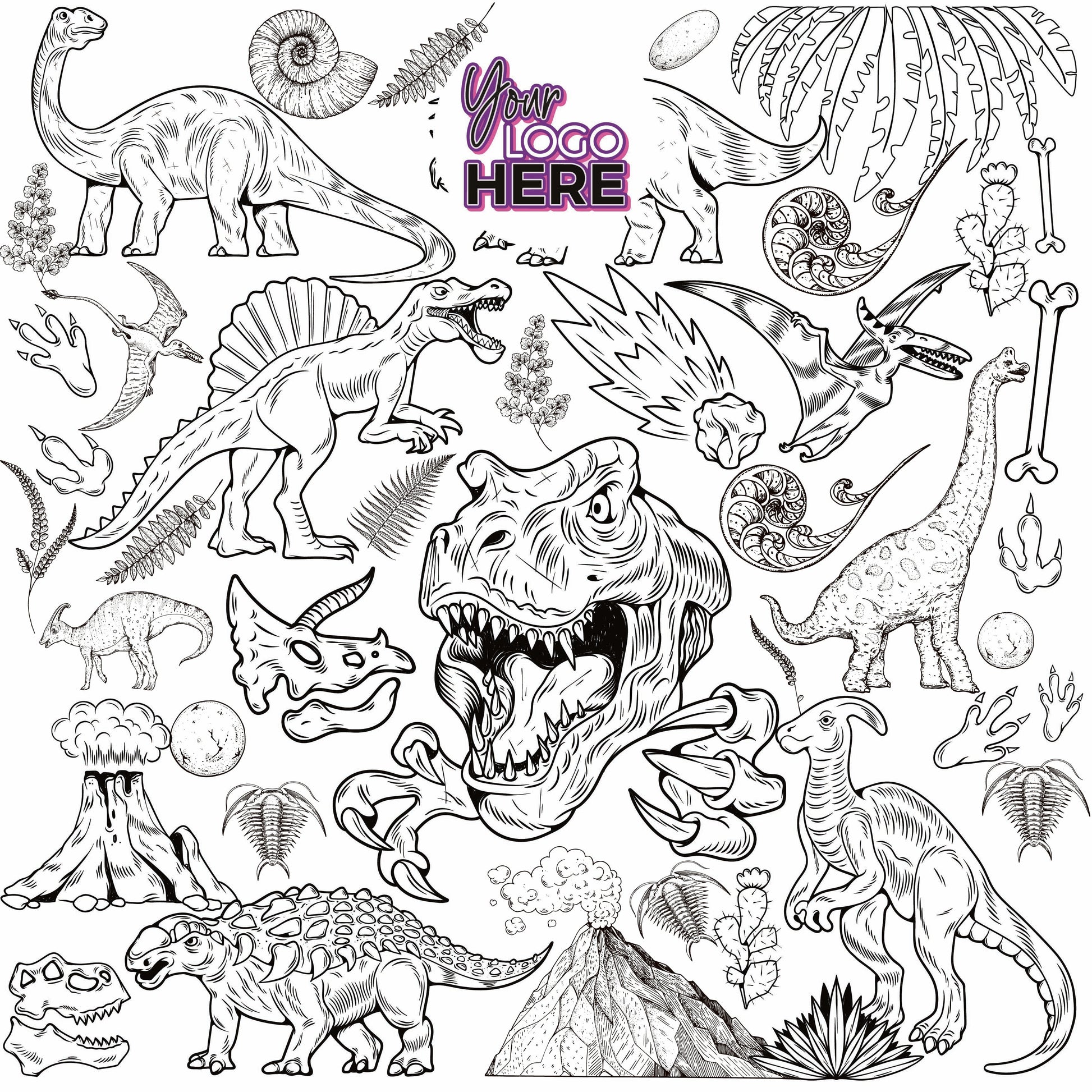 Dinosaur World coloring wall with custom logo placement, 48x48 inches