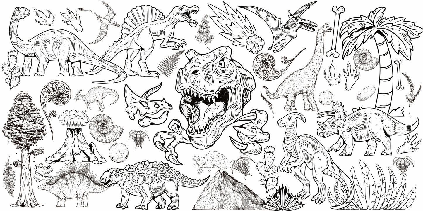 Dinosaur World giant coloring wall mural, 48x96 inches, T-Rex and prehistoric line art for kids birthday parties