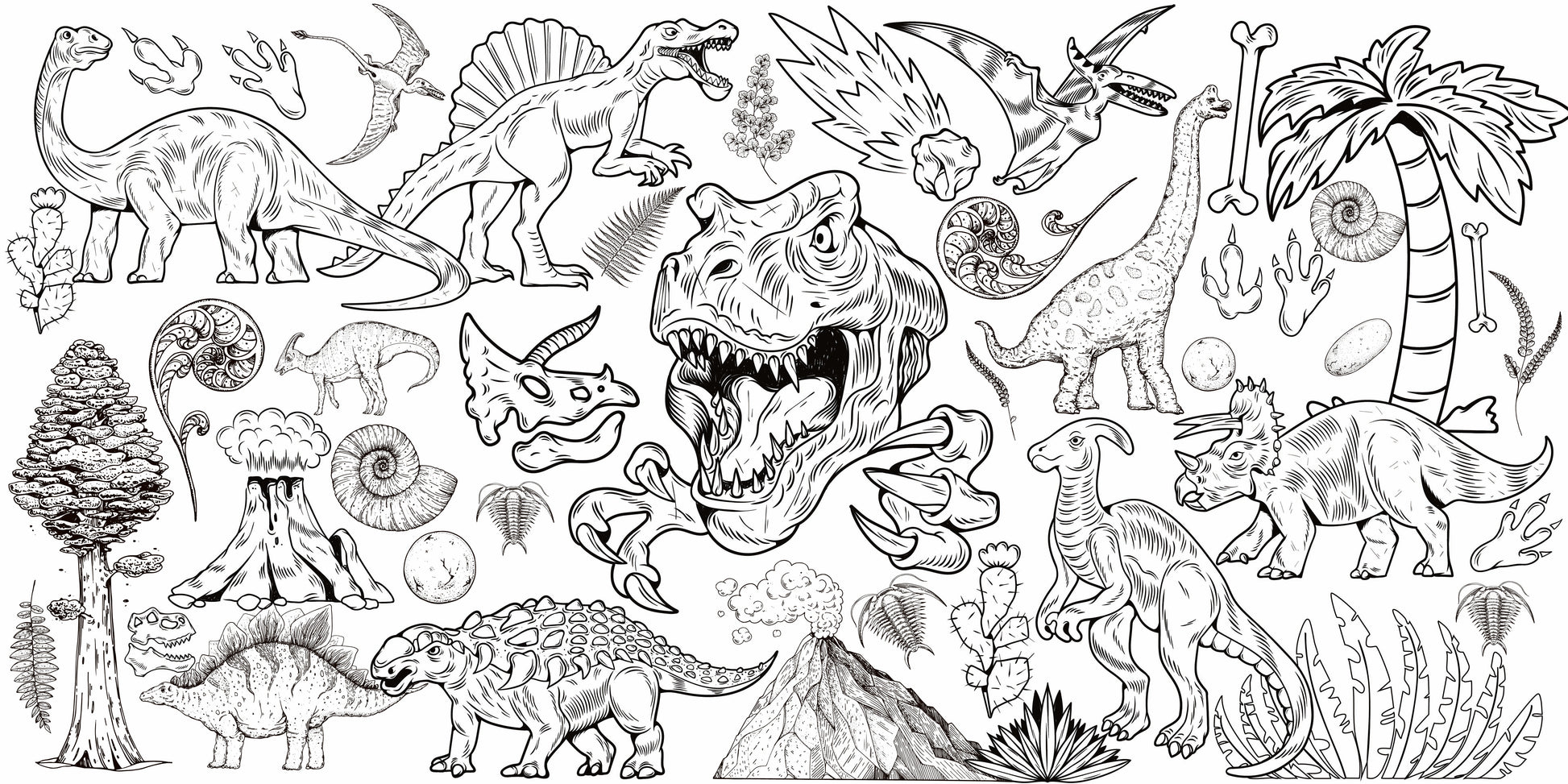 Dinosaur World giant coloring wall mural, 48x96 inches, T-Rex and prehistoric line art for kids birthday parties
