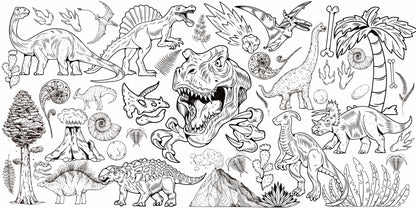 Dinosaur World giant coloring wall mural, 48x96 inches, T-Rex and prehistoric line art for kids birthday parties