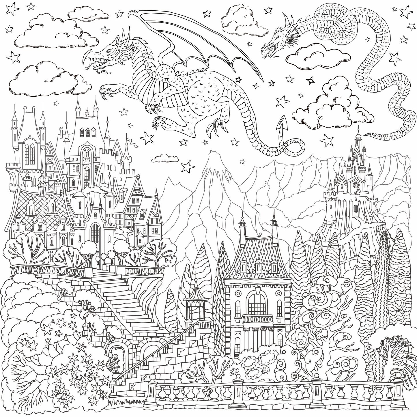 Dragons and Castles giant coloring wall mural, 48x48 inches, medieval fantasy line art for kids birthday parties