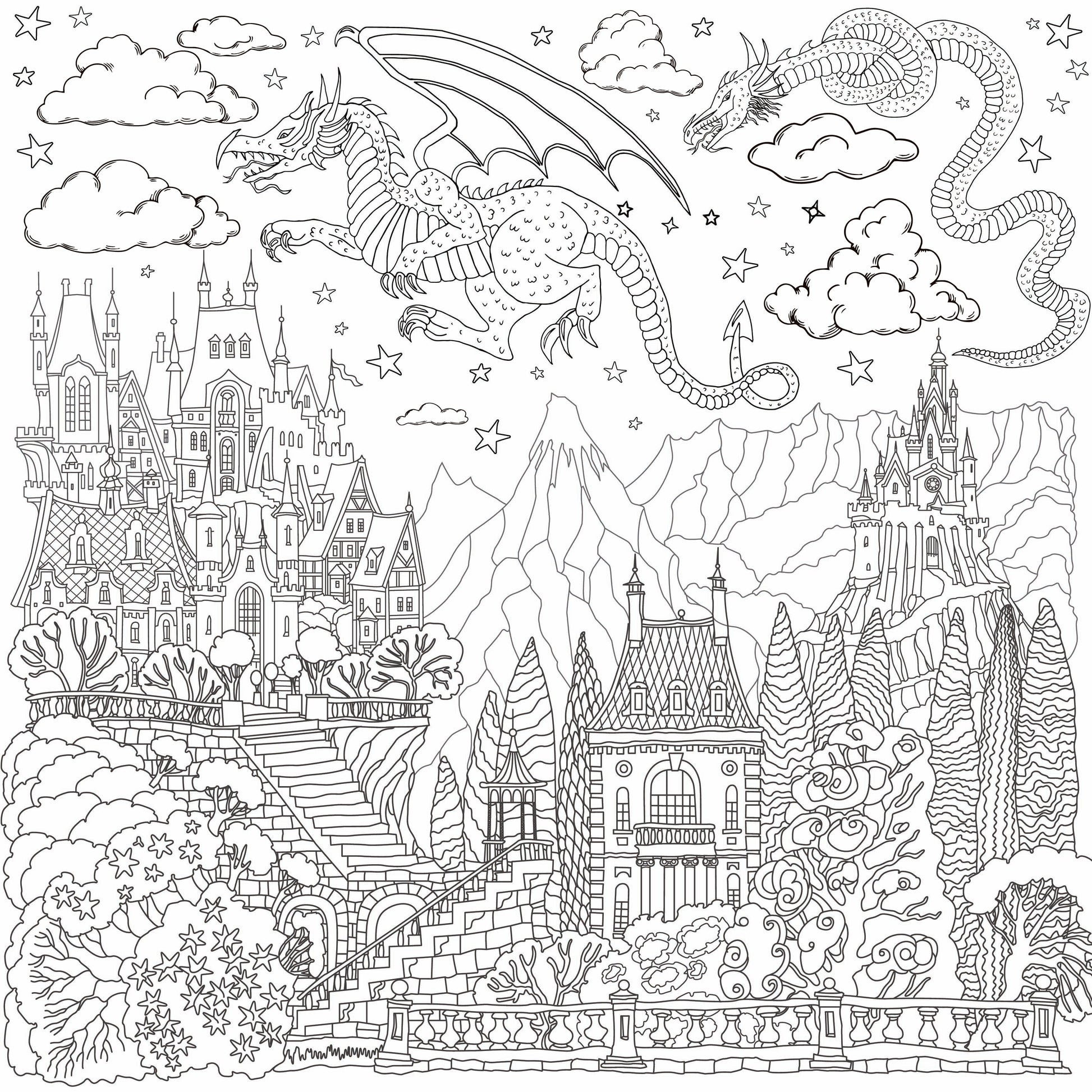 Dragons and Castles giant coloring wall mural, 48x48 inches, medieval fantasy line art for kids birthday parties
