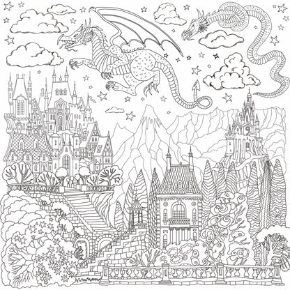 Dragons and Castles giant coloring wall mural, 48x48 inches, medieval fantasy line art for kids birthday parties