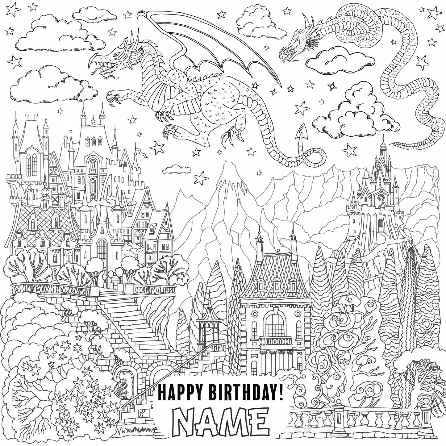 Dragons and Castles coloring wall with Happy Birthday message, 48x48 inches