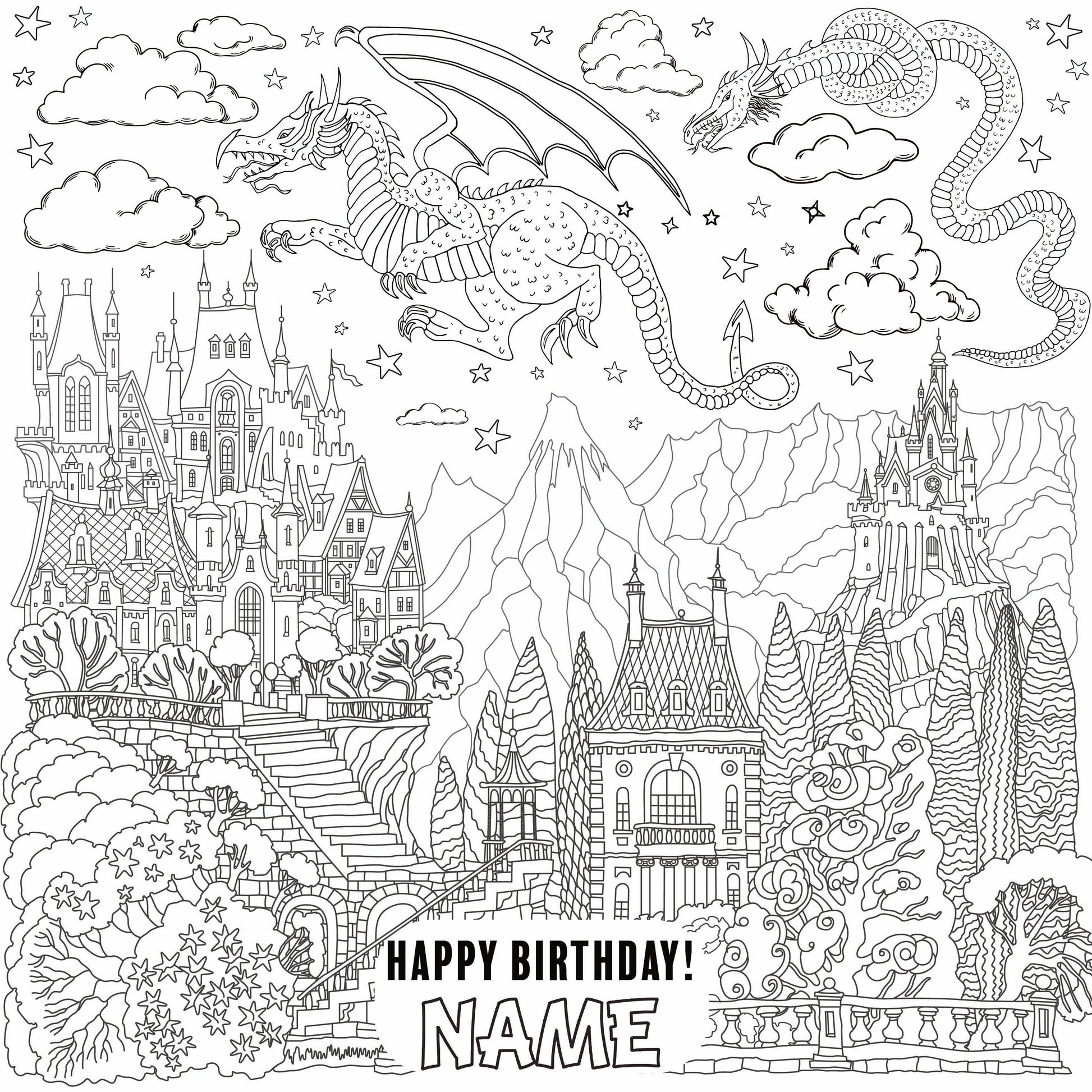 Dragons and Castles coloring wall with Happy Birthday message, 48x48 inches