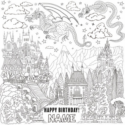 Dragons and Castles coloring wall with Happy Birthday message, 48x48 inches