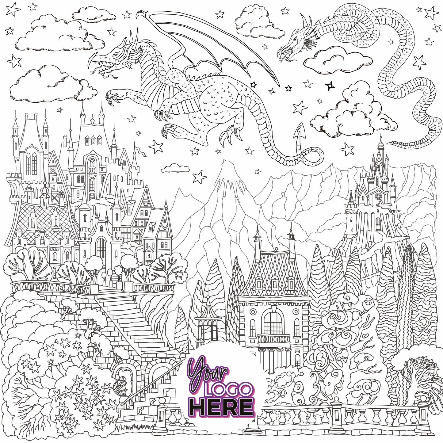 Dragons and Castles coloring wall with custom logo placement, 48x48 inches