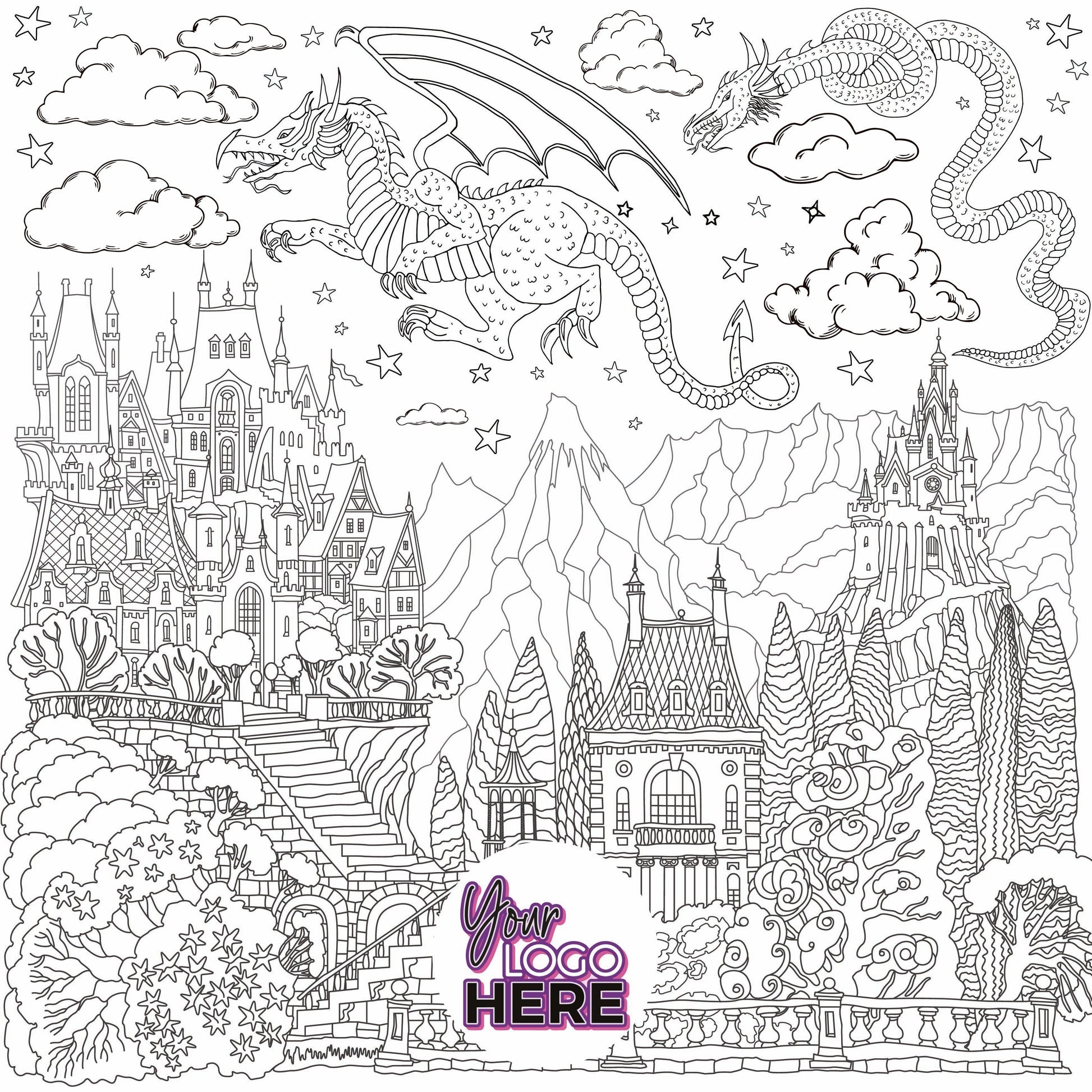 Dragons and Castles coloring wall with custom logo placement, 48x48 inches