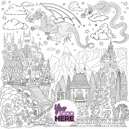 Dragons and Castles coloring wall with custom logo placement, 48x48 inches