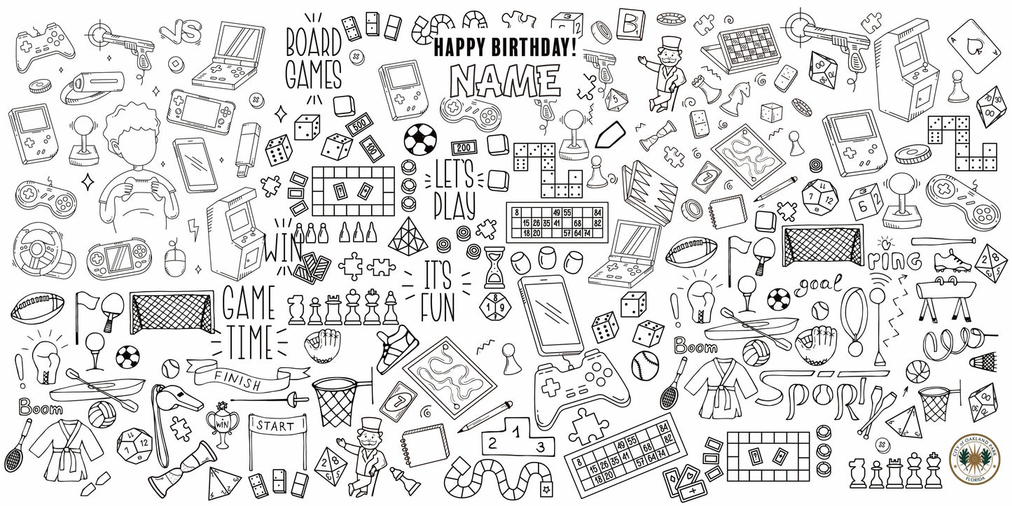 Game-On coloring wall with Happy Birthday message, 48x96 inches