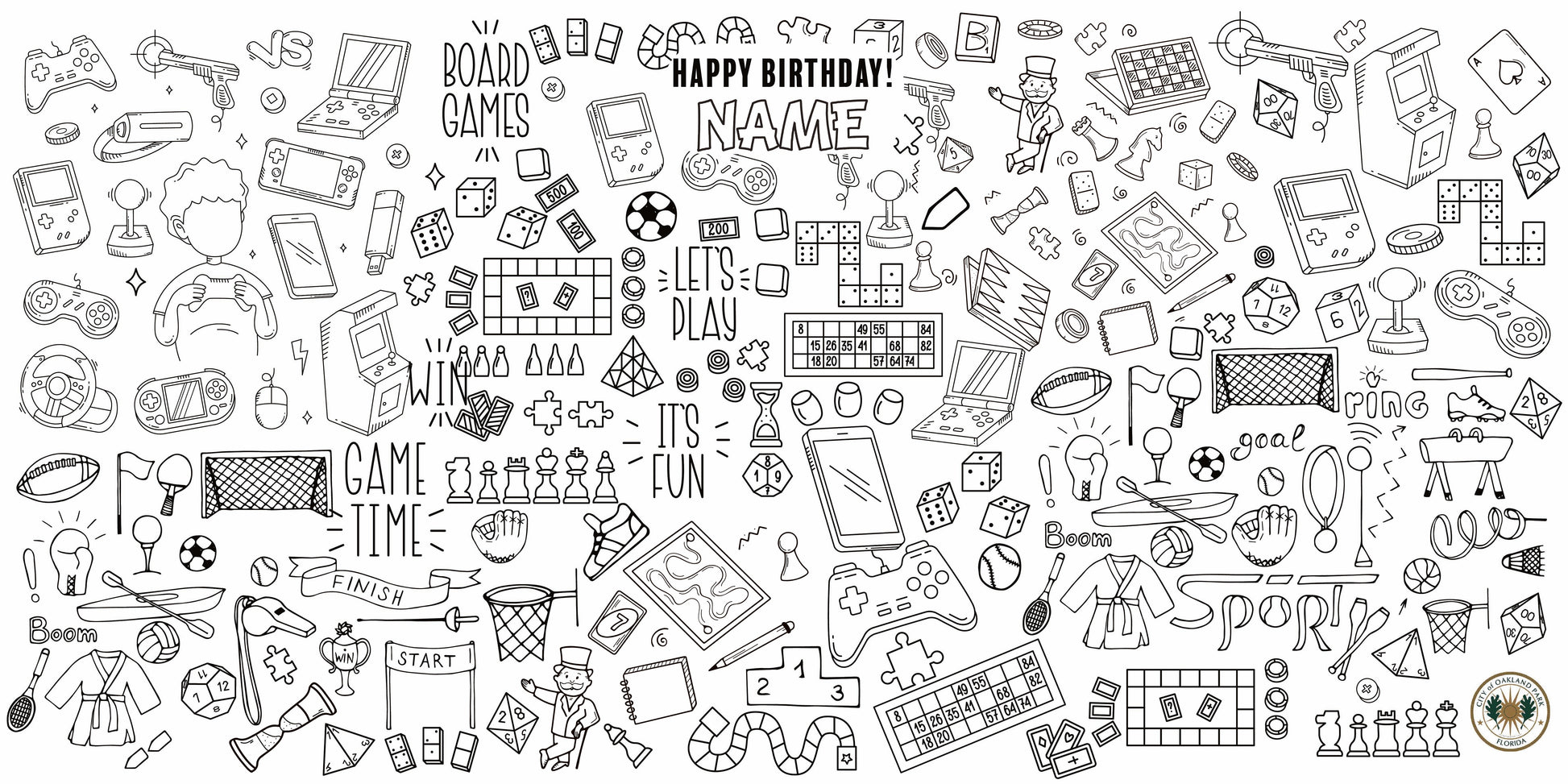 Game-On coloring wall with Happy Birthday message, 48x96 inches