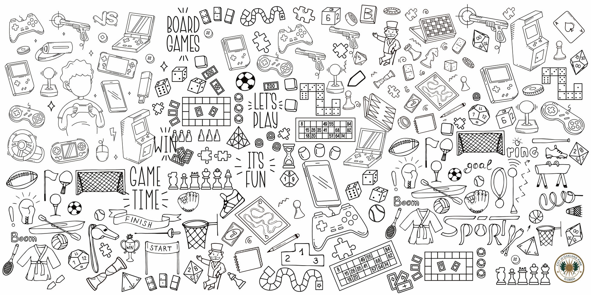 Game-On giant coloring wall mural, 48x96 inches, video game and arcade line art for kids birthday parties