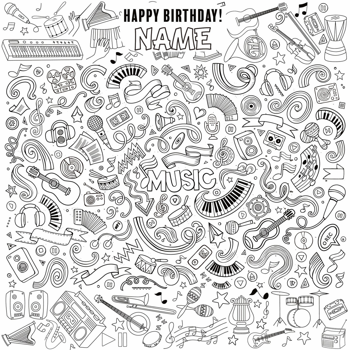 Music and Rhythm coloring wall with Happy Birthday message, 48x48 inches