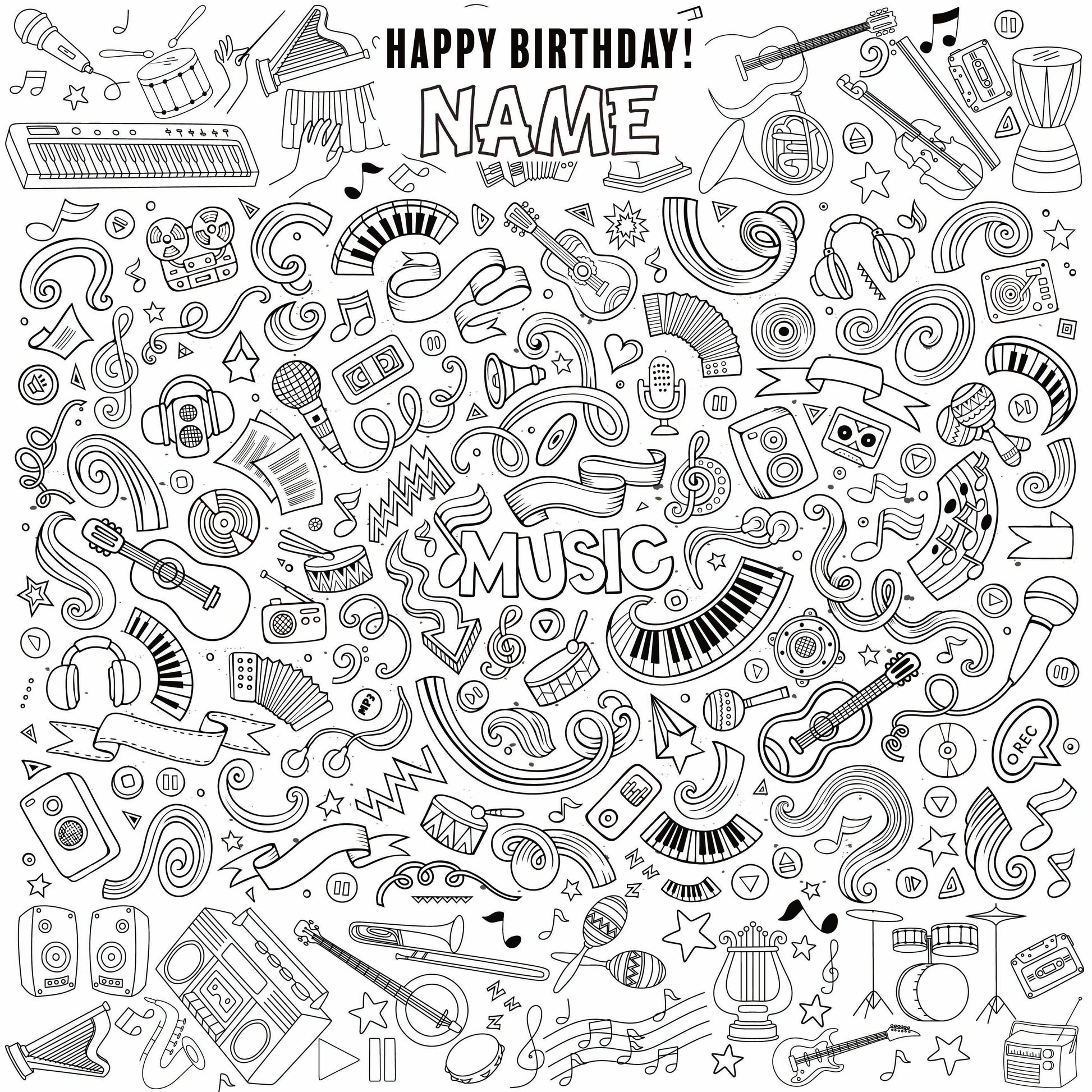 Music and Rhythm coloring wall with Happy Birthday message, 48x48 inches