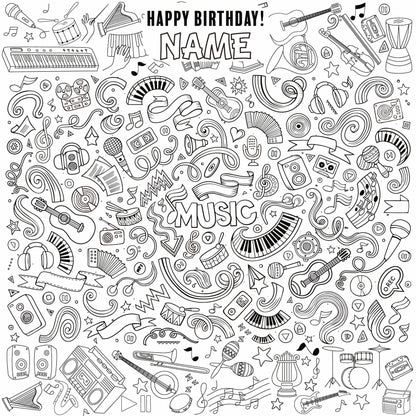Music and Rhythm coloring wall with Happy Birthday message, 48x48 inches