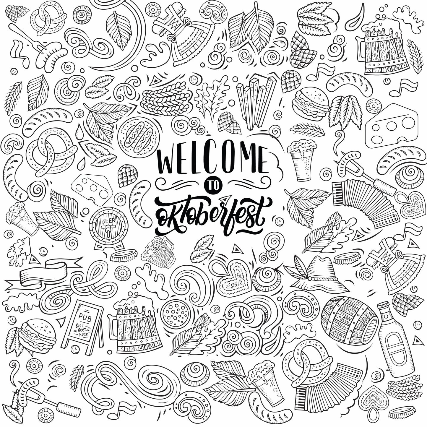 Oktoberfest giant coloring wall, 48x48 inches, Bavarian festival line art