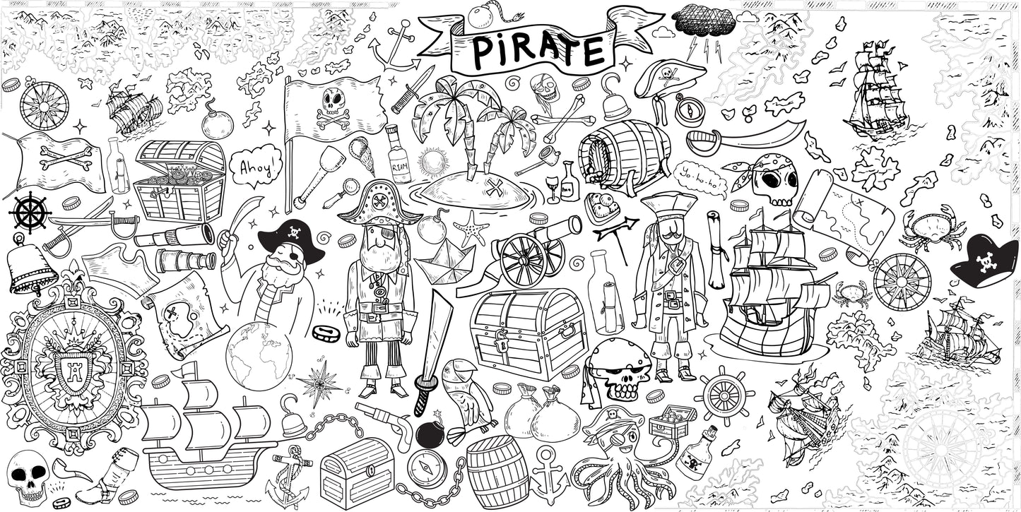 Pirate Adventure giant coloring wall mural, 48x96 inches, pirate ship and treasure map line art for kids birthday parties