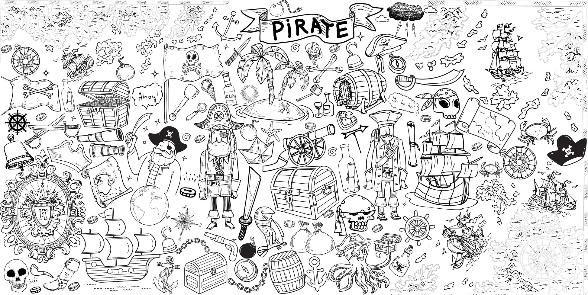 Pirate Adventure giant coloring wall mural, 48x96 inches, pirate ship and treasure map line art for kids birthday parties