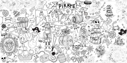 Pirate Adventure giant coloring wall mural, 48x96 inches, pirate ship and treasure map line art for kids birthday parties