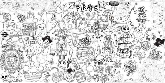 Pirate Adventure giant coloring wall mural, 48x96 inches, pirate ship and treasure map line art for kids birthday parties