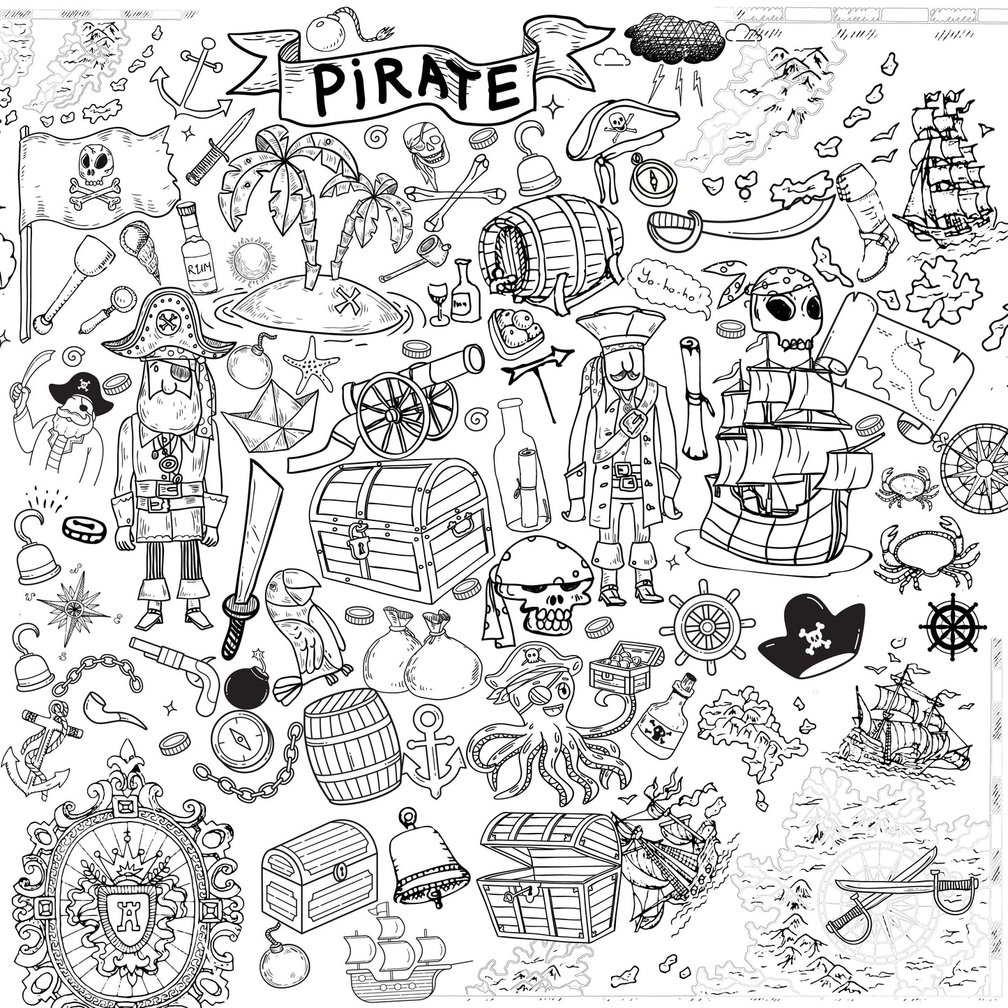 Pirate Adventure giant coloring wall, 48x48 inches, pirate themed line art