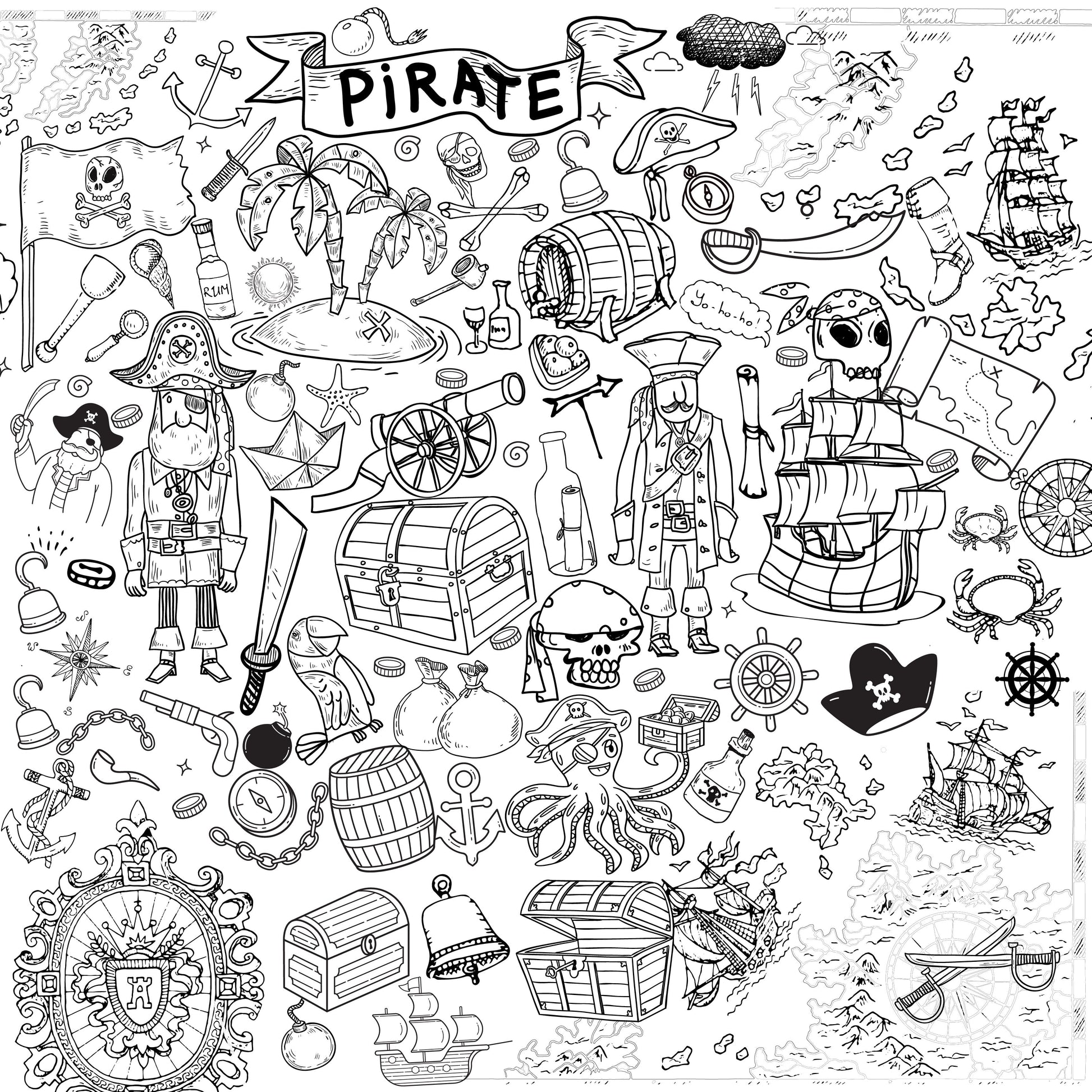 Pirate Adventure giant coloring wall, 48x48 inches, pirate themed line art