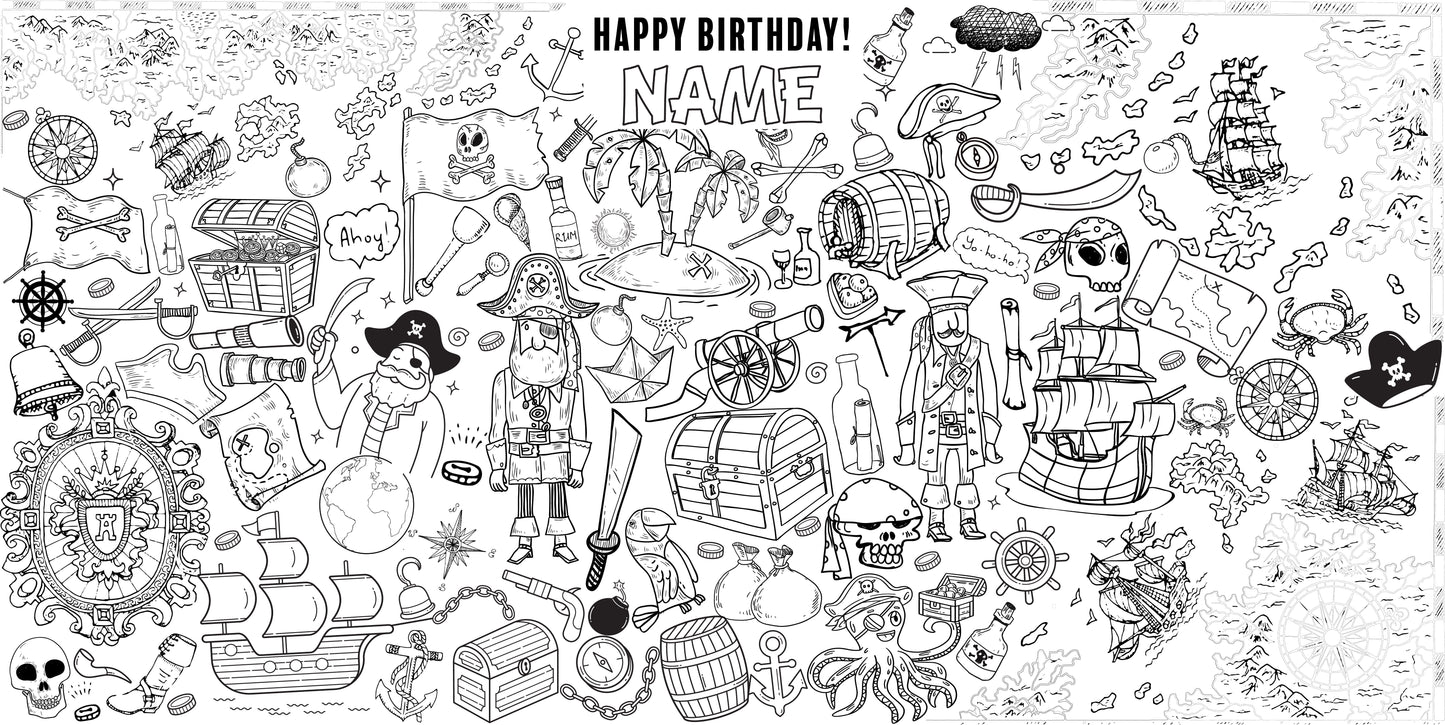 Pirate Adventure coloring wall with Happy Birthday message, 48x96 inches