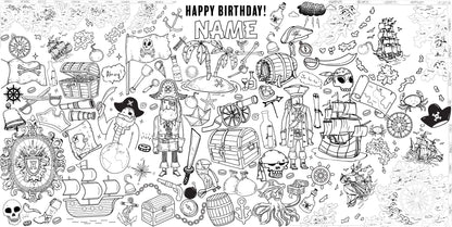 Pirate Adventure coloring wall with Happy Birthday message, 48x96 inches