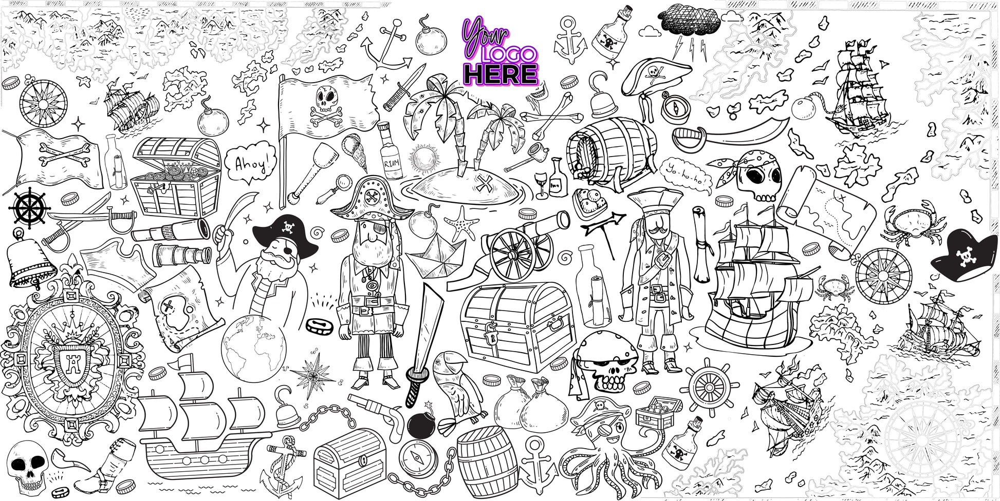 Pirate Adventure coloring wall with custom logo placement, 48x96 inches