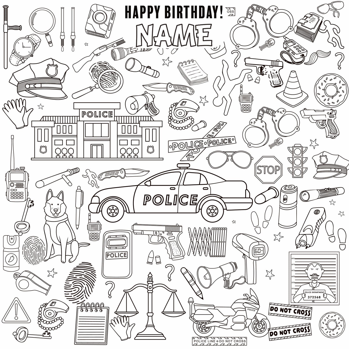 Police Adventure coloring wall with Happy Birthday message, 48x48 inches