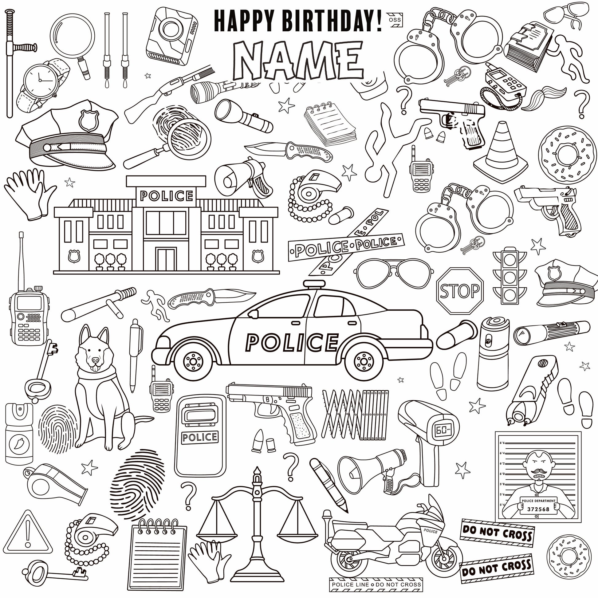 Police Adventure coloring wall with Happy Birthday message, 48x48 inches