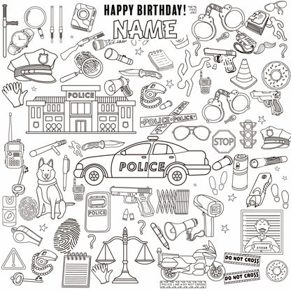 Police Adventure coloring wall with Happy Birthday message, 48x48 inches